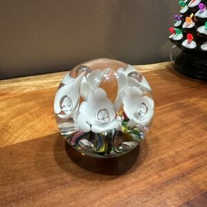 Vintage Art Glass Paperweight White Flowers Studio Handmade MCM Sphere Orb